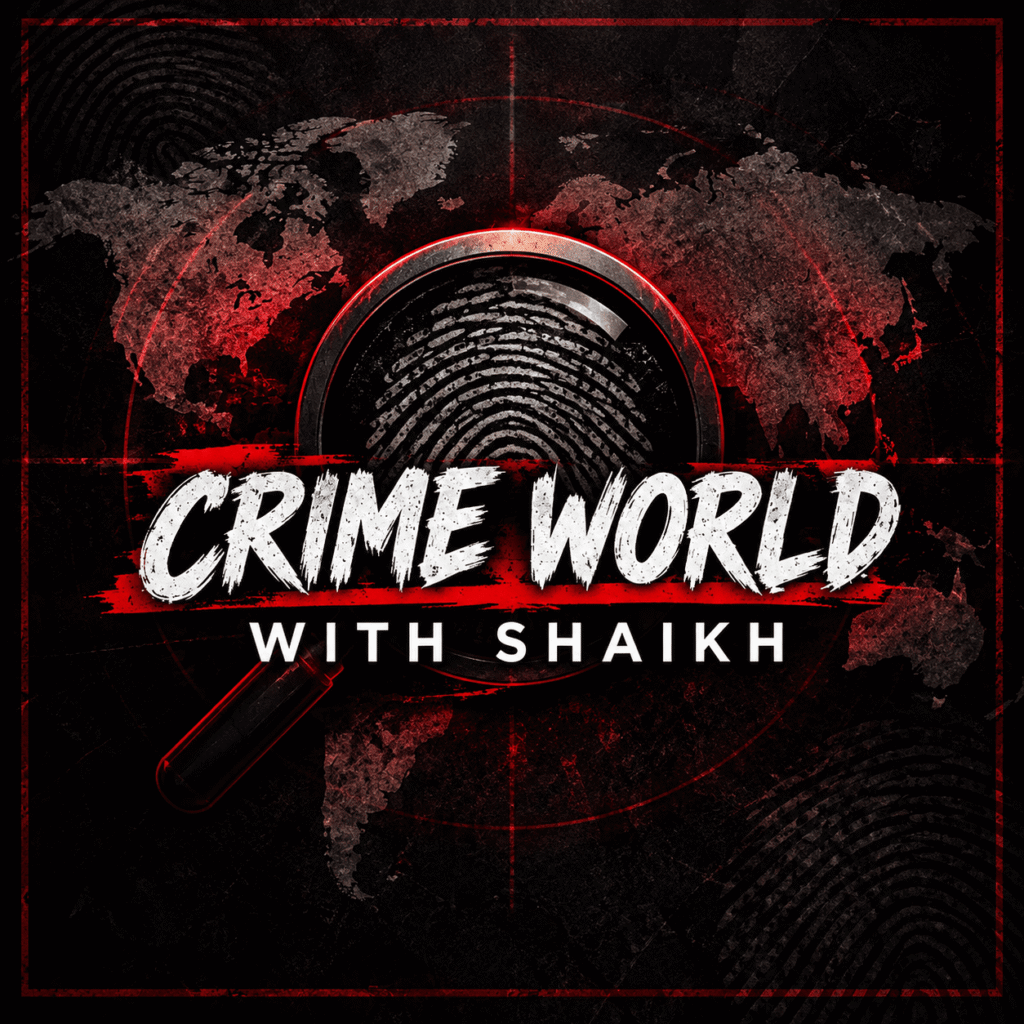 Shaikh hosting Crime World, with a crime-scene tape backdrop and the show logo